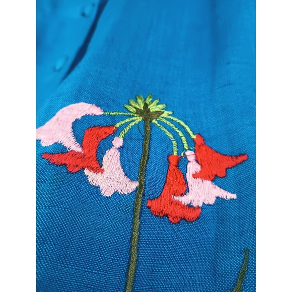 Halmore Plus Women's Sz 20W Blue Linen Blend Shirt Floral Embroidered Blouse - Picture 10 of 15